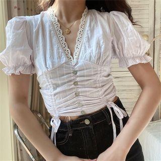 Short-sleeve Drawstring Lace Trim Blouse