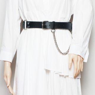 Alloy Chain Layered Genuine Leather Belt Black - One Size