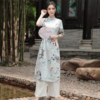 Set: Short-sleeve Floral Cheongsam + Wide Leg Pants