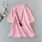 Traditional Chinese Elbow-sleeve Lace Trim Gingham Top