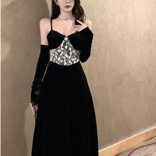 Patchwork Sleeveless Velvet Maxi Dress With Sleeves