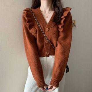 Ruffled V-neck Knit Cardigan