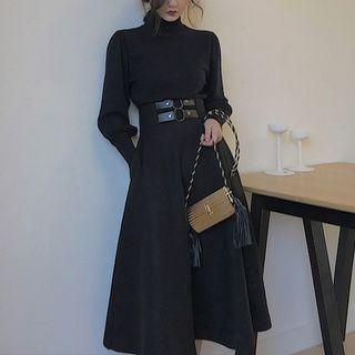Set: Turtleneck Lantern-sleeve Sweater + Midi A-line Skirt