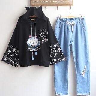 Cat Print Hoodie / Jeans / Set