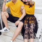 Couple Matching Set: Short-sleeve T-shirt + Shorts / Short-sleeve Long T-shirt + Mesh Midi Skirt