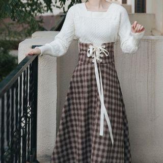 Set: Plain Knit Top + Plaid Skirt