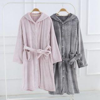 Hooded Tie-waist Single-breasted Flannel Robe
