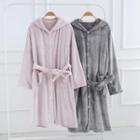 Hooded Tie-waist Single-breasted Flannel Robe