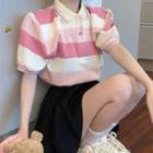 Puff-sleeve Striped Polo Shirt Stripes - Pink & White - One Size