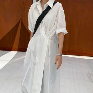 3/4-sleeve Asymmetric Shirt Dress White - One Size