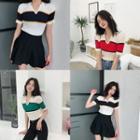 Color Block Short-sleeve Collared Knit Top