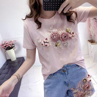 Short-sleeve Embellished Flower T-shirt