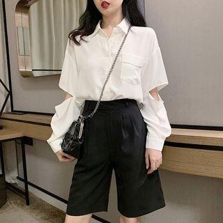 Cut Out Long-sleeve Shirt / High-waist Wide-leg Shorts