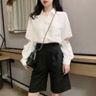 Cut Out Long-sleeve Shirt / High-waist Wide-leg Shorts