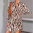 Long Sleeve V-neck Pattern Print Tie-waist Mini Dress