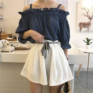 Open Shoulder Elbow-sleeve Chiffon Top / Shorts