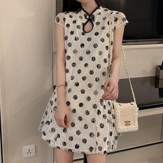Traditional Chinese Cap-sleeve Polka Dot Lace A-line Mini Dress
