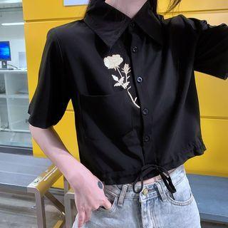 Short-sleeve Rose Embroidered Crop Shirt