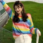 Striped Long-sleeve Knit Top Top - Stripe - Rainbow - One Size