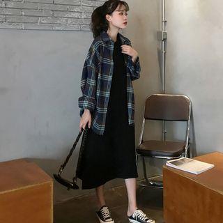 Plaid Shirt / Sleeveless Midi Shift Dress / Set