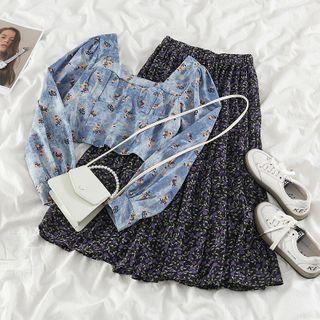 Long-sleeve Floral Top / Floral Midi A-line Skirt