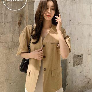 Collarless Puff-sleeve Linen Blend Jacket