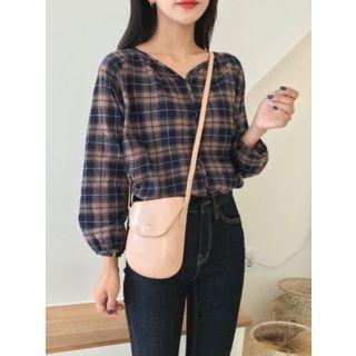 V-neck Raglan-sleeve Plaid Blouse