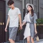 Couple Matching Short-sleeve T-shirt / Shorts / Elbow-sleeve Asymmetric Striped Paneled A-line Dress / Set