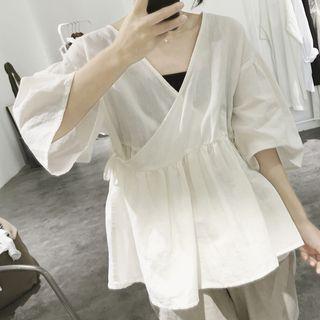 3/4-sleeve Frill Trim Wrap Top