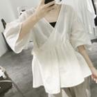 3/4-sleeve Frill Trim Wrap Top