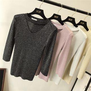 Glitter V-neck 3/4-sleeve Knit Top
