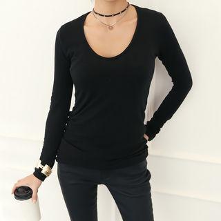 Long-sleeve Scoop-neck Slim-fit T-shirt
