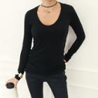 Long-sleeve Scoop-neck Slim-fit T-shirt