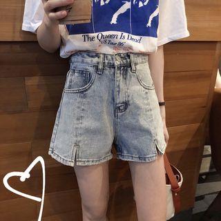 High-waist Washed Slit Denim Shorts