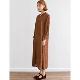 Mandarin-collar Dotted Long Shirtdress