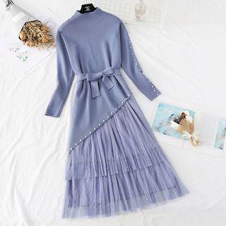 Set: Asymmetric Hem Long Sweater + Pleated Midi Skirt