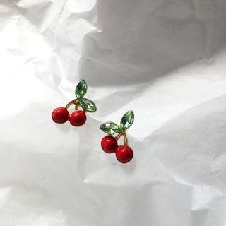 Cherry Glaze Earring 1 Pair - S925 Silver Earring - Green & Red - One Size