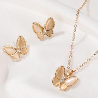 Set: Cat Eye Stone Butterfly Pendant Necklace + Dangle Earring 01kc-2718 - Gold - One Size