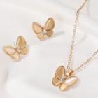 Set: Cat Eye Stone Butterfly Pendant Necklace + Dangle Earring 01kc-2718 - Gold - One Size