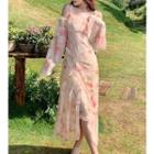 Elbow-sleeve Floral Ruffle Trim Midi A-line Dress