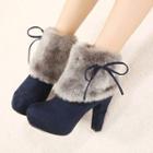 High-heel Fleece-lining Bow-accent Ankle Boots