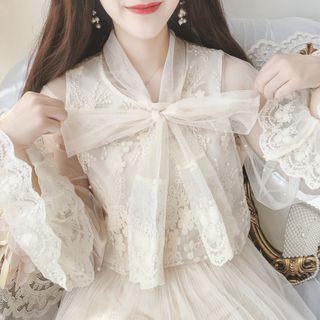 Bow Accent Embroidered Blouse White - One Size