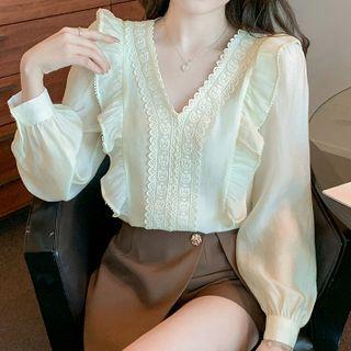Long-sleeve V-neck Ruffled Lace Blouse