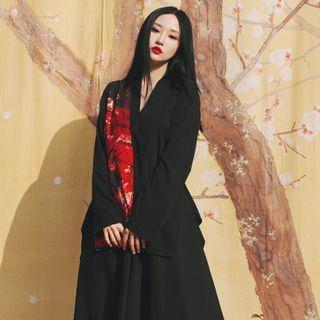 Long-sleeve Print Panel Top Black - One Size