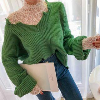 Distressed V-neck Drop-shoulder Sweater