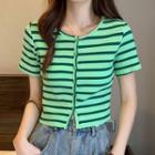 Short-sleeve Striped Button Cropped T-shirt