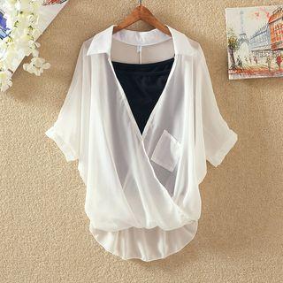 Set: Plain Elbow Sleeve Chiffon Blouse + Camisole Top