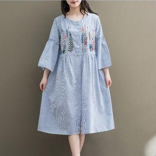 Embroidered Striped 3/4-sleeve Midi A-line Dress