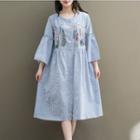 Embroidered Striped 3/4-sleeve Midi A-line Dress
