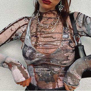 Print High Neck Mesh Top